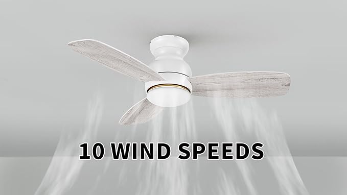 CEME 44 Inches White Ceiling Fan with Light Flush Mount, DC 10 Speeds Silent Ceiling Fan with Remote, 3 Dual Finish Blades, 3 Light Colors Dimmable LED for Living Room, Bedroom
