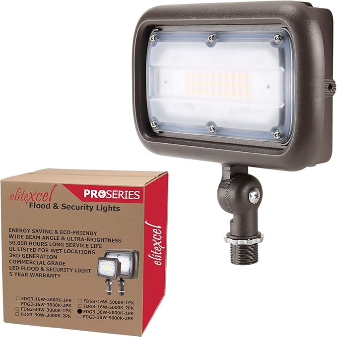 LED Flood Light Outdoor for Signs, 30W UL Listed Flag Pole Light, 3300 Lumen Floodlight, 5000K Daylight White, 1/2" Knuckle Mount, 120-277V Waterproof Security Lights, 5 Year Warranty