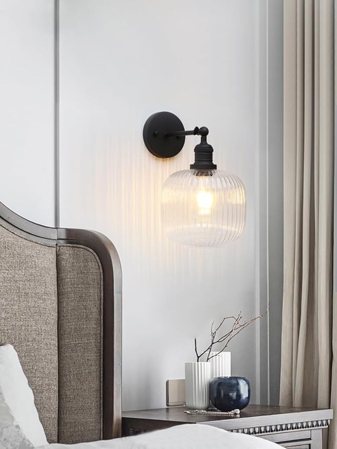 Pathson Modern Wall Sconce Lamp Clear Striped Round Glass, Hardwired Vintage Wall Vanity Light Fixture for Farmhouse Living Room Bedroom Bathroom Loft