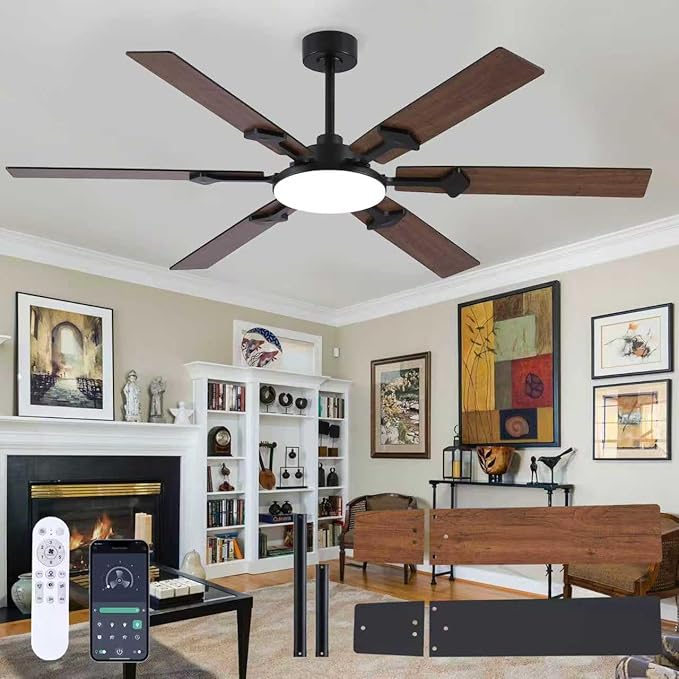66 Inch Brown Ceiling Fan with Lights, Modern Large Ceiling Fan with Remote & APP Control, Reversible DC Motor, 6 Double-Sided Blades, 6 Speeds, Silent, Timer, for Living Room Indoor & Outdoor