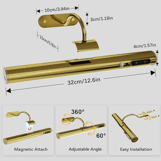Motion Sensor Wireless Rechargeable Picture Light, Battery Operated Magnetic Art Wall Sconce with Remote Control, LED Picture Frame Lamp for Portrait Poster Painting Mirror Gallery (Antique Brass)
