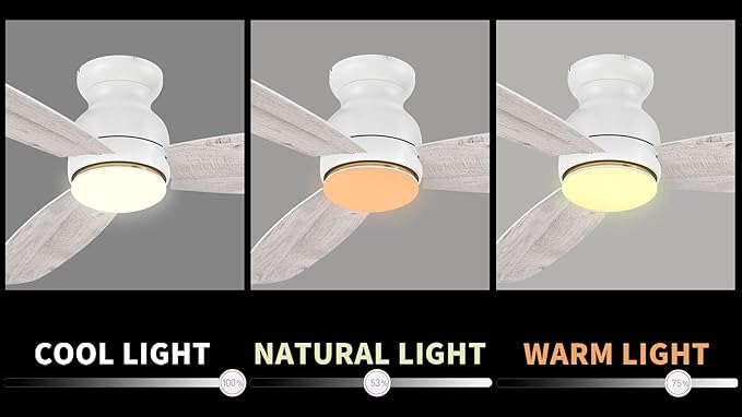 CEME 60 Inches White Ceiling Fan with Light Flush Mount, DC 10 Speeds Silent Ceiling Fan with Remote, 3 Dual Finish Blades, 3 Light Colors Dimmable LED for Living Room, Bedroom