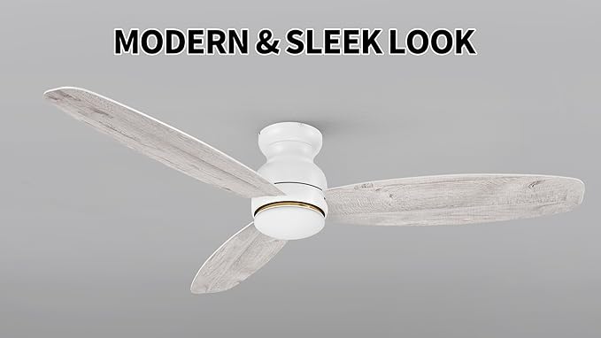 CEME 60 Inches White Ceiling Fan with Light Flush Mount, DC 10 Speeds Silent Ceiling Fan with Remote, 3 Dual Finish Blades, 3 Light Colors Dimmable LED for Living Room, Bedroom