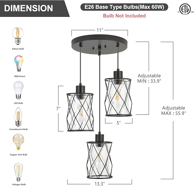 Refice 3-Light Pendant Lights Kitchen Island, Black Kitchen Cluster Hanging Pendant Lights with Clear Glass, Modern Cage Chandelier Light Fixture for Sink Dining Room Bedroom Bar