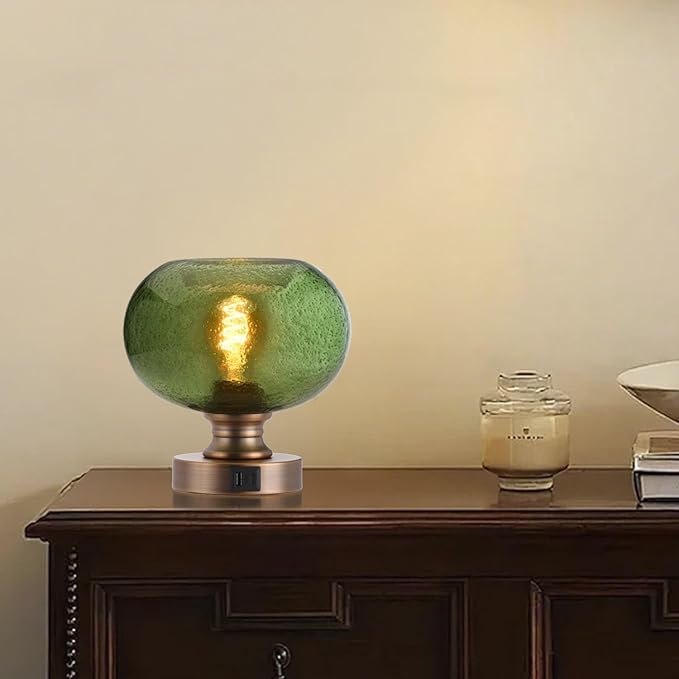 Mid Century Glass Table Lamp,Dimmable Desk Lamp,LED Bulb Included,Touch Control & USB A+C Port,Green Seeded Glass