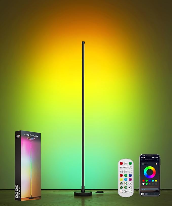 Smart RGB Corner Floor Lamp, LED Standing Lamp with Remote & App Control, Music Sync and Color Changing Ambient Lighting, Floor Lamps for Bedroom, Party and Living Room