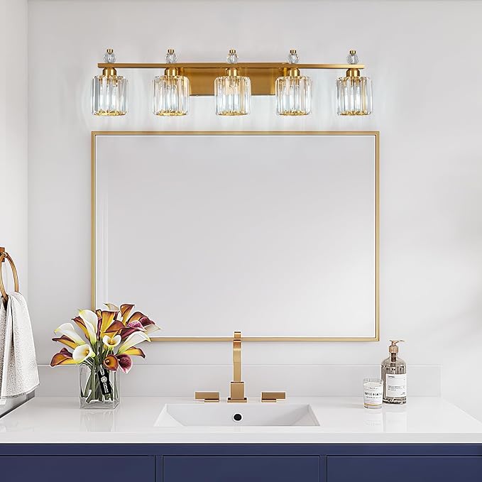 Bathroom Vanity Lights 5-Light Gold Modern Crystal Vanity Light Fixtures Over Mirror Crystal Bathroom Vanity Lighting Fixtures