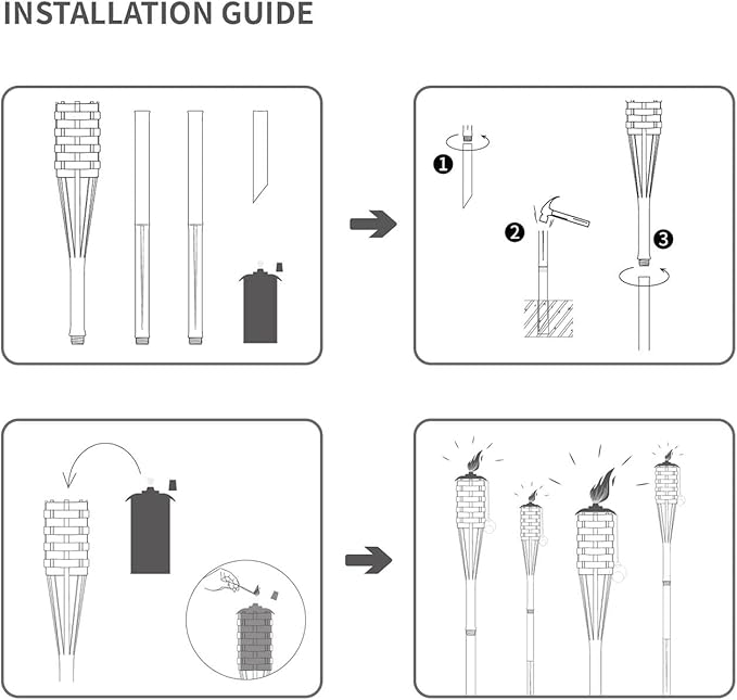 ONETHATCH Faux Bamboo Outdoor Torches (Sundried Color, 4pack); Large Island Citronella Torch for Garden Lighting, Luau Party, and Tropical Decor; Easy Refill Wide-Mouth Canister, Stands 60” Tall