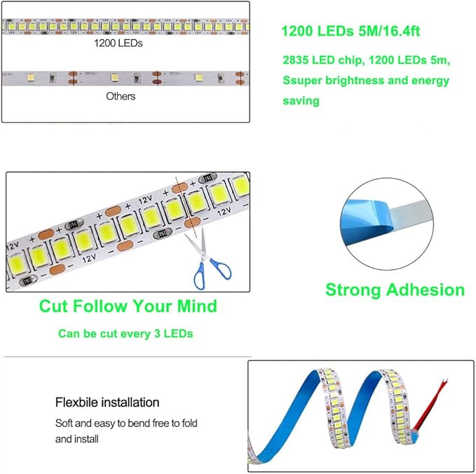 SUYOOULIN LED Strip Lights, SMD 2835 LED Strip, DC12V 1200LEDs 16.4Ft 26000LM High Density LED Light Strips Waterproof IP65, 3 Times Brightness Than SMD3528 LED Strip, Green