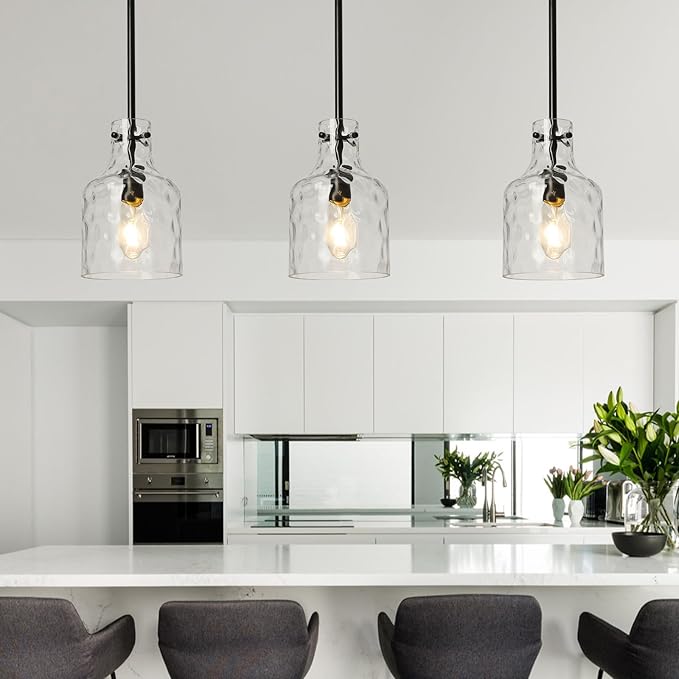 WILON Industrial Glass Pendant Lights for Kitchen Island, Modern Black Pandent Light Fixture 7" Hammered Glass Shade Farmhouse Pendant Lights Adjustable Rod Hanging Light for Kitchen Sink Dining Room