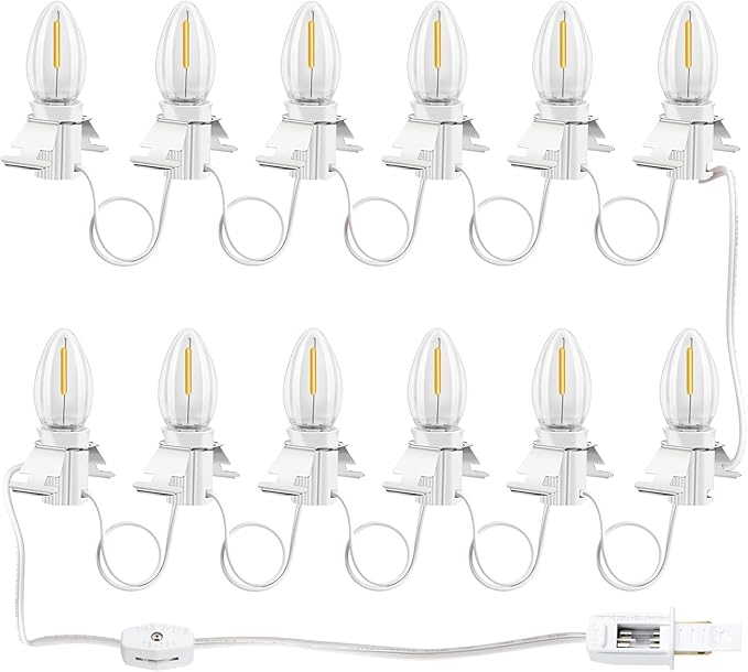 C7 Accessory Cord with 12 LED Light Bulbs and Outlet Christmas Village Light 14.76 FT with Spare Fuse Warm White Lamp for Christmas Village Houses Pumpkin Lamp Holiday Decor