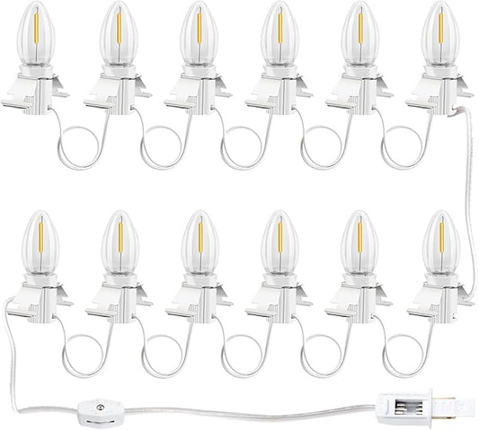 C7 Accessory Cord with 12 LED Light Bulbs and Outlet Christmas Village Light 14.76 FT with Spare Fuse Warm White Lamp for Christmas Village Houses Pumpkin Lamp Holiday Decor