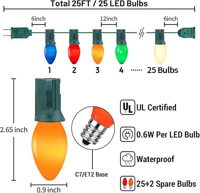 C7 LED Multicolor Christmas Lights Outdoor, 25Ft Vintage Christmas Lights String With 27 LED Ceramic Bulbs (2 Spare Bulbs), Hanging Light for Indoor Outdoor Xmas Tree Home Yard Party Decor, Green Wire