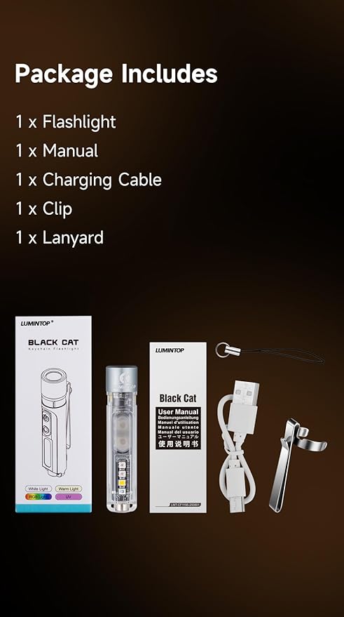 LUMINTOP Black CAT Mini EDC Flashlight 400 Lumens Rechargeable with UV Light Warm White Side Light Magnetic Tail for Camping Hiking