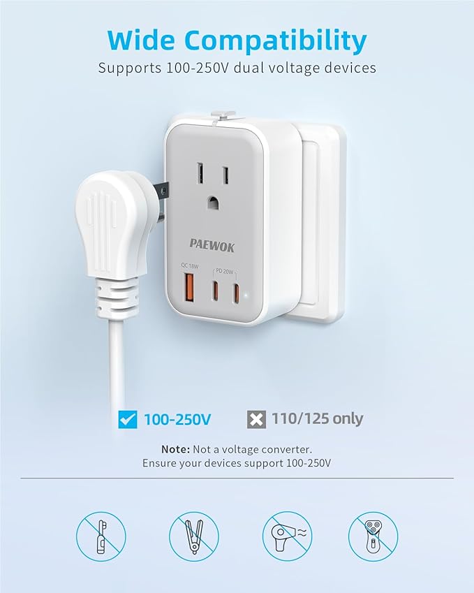 Travel Adapter PD 20W, Mini Universal Travel Adapter with 1 AC Outlet and USB Fast Charging, Ultra Thin International Plug Adaptor for US to European UK Italy Spain New Zealand (Type C G A I)