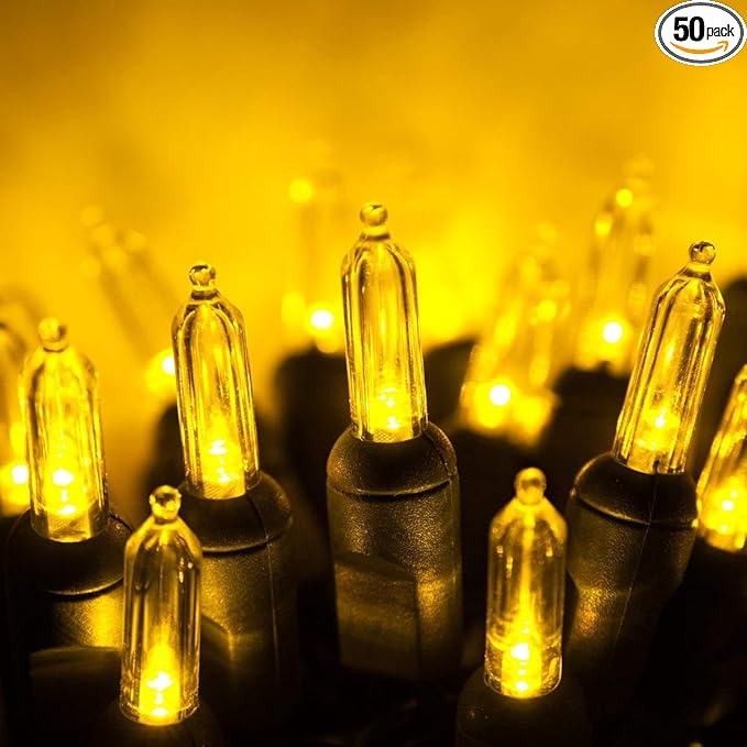 T5 LED Gold Christmas Lights, 50 Count 25.5 ft Indoor/Outdoor Commercial Grade Mini String on Green Wire, Holiday and Tree Lighting
