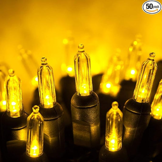 T5 LED Gold Christmas Lights, 50 Count 25.5 ft Indoor/Outdoor Commercial Grade Mini String on Green Wire, Holiday and Tree Lighting