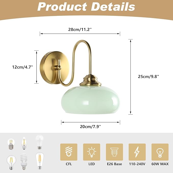 KCO Lighting Vintage Green Wall Sconces Light Set of Two Gold Globe Wall Sconce Mid Century Modern Bathroom Vanity Light Fixture Brass Indoor Wall Sconce Light Fixture (2 Pack)