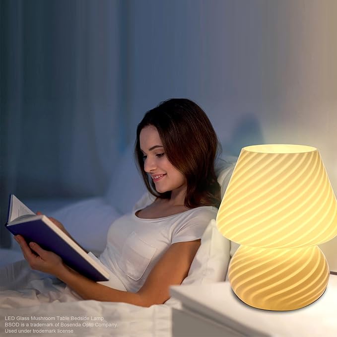 Mushroom lamp,Glass Mushroom Bedside Table Lamp Translucent Murano Vintage Style Striped Small Nightstand Desklamp Swirl Light for Home Decor, Dining, Living, Bedroom, Gift (Matte White)