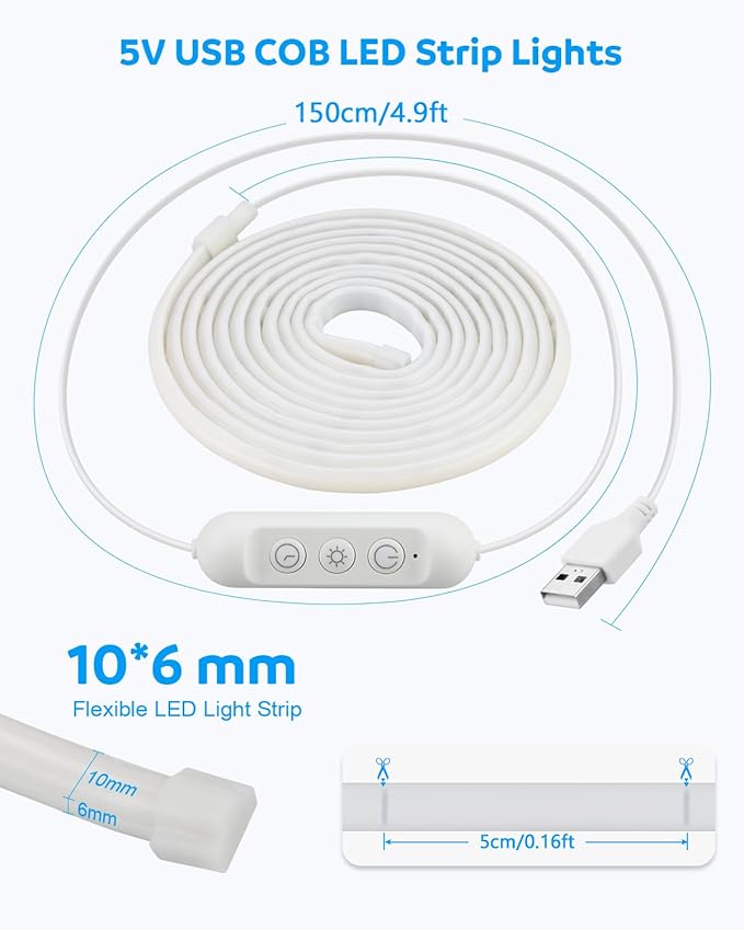 Aclorol 16.4FT Waterproof COB LED Strip 5V USB Dimmable LED Flexible Tape Light with Timer Warm White 3000K for TV Backlights Bedroom Living Room Ambiance Cupboard Pergola Lighting Decor 8mm Width