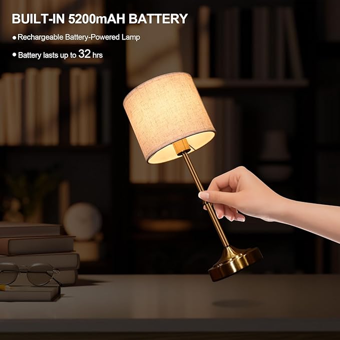 Cordless Table Lamp,5200mAh Rechargeable Battery Powered Table Lamps,3-Level Brightness Dimmable, Mid Century Lamp,Bedside Night Lamp, Vintage Metal Lamp for Kitchen/Dinner/Patio/Restauran