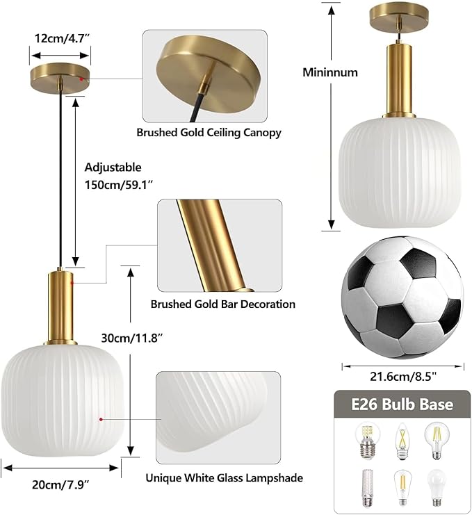 KCO Lighting Milk Glass Pendant Light White Ribbed Glass Pendant Lighting Antique Brass Pendant Lights Small White and Gold Pendant Light Fixture Modern Globe Hanging Lamp