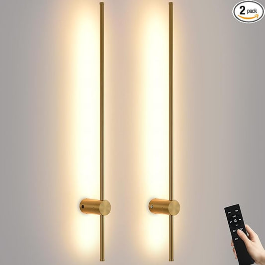Battery Operated Wall Sconce USB Rechargeable Sconces, 39.3" Brushed Gold Wireless Wall lamp Set of 2, 3000K-6000K & Dimming with Remote Control, LED Wall Lights for Living Room, Bedroom
