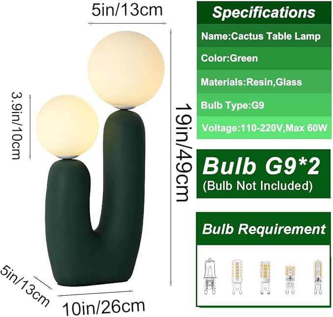 Modern Green Table Lamp Cactus Shape Resin Retro Table Light White Milk Globe Glass Light Fixtures for Living Room Bedroom Children’s Room Cafe Entrance