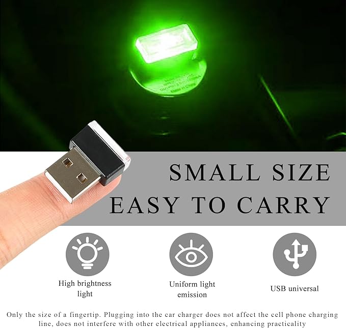 4 PCS USB LED Car Interior Atmosphere Lamp, Portable Plug-in 5V USB Car LED Interior Lighting Night Lamp, Mini USB Ambient Lighting Decor for Home Car Laptop Keyboard (Green)
