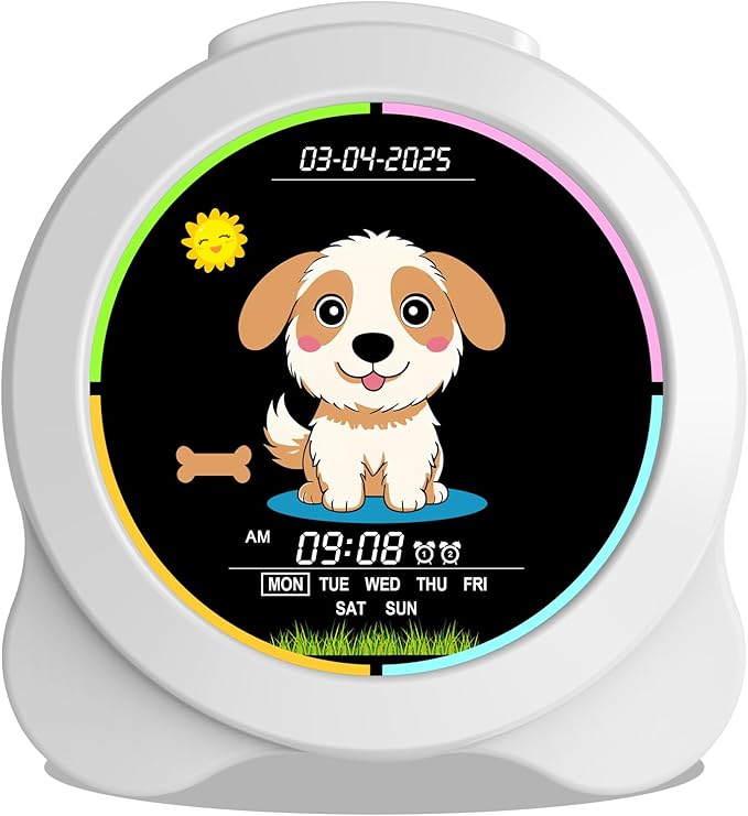 Kids Alarm Clock Sun & Moon& Dog LED Display with Day & Date OK to Wake Clock with Night Light for Kids Children's Sleep Trainer Gift for Boy and Girls