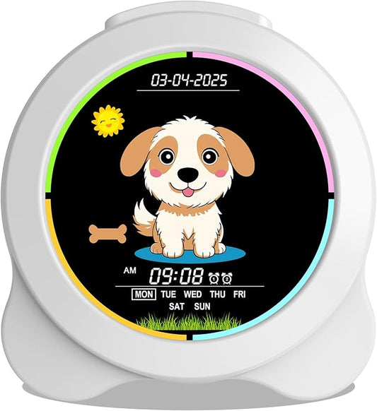 Kids Alarm Clock Sun & Moon& Dog LED Display with Day & Date OK to Wake Clock with Night Light for Kids Children's Sleep Trainer Gift for Boy and Girls