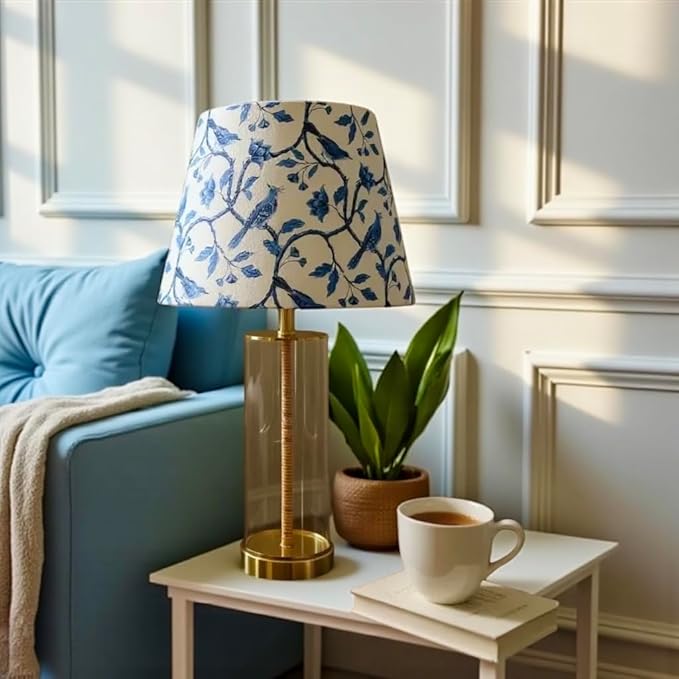 Tristan Home Blue & White Chinoiserie Empire Lamp Shade – 14" Bottom x 10" Height – Textured Velvet Bird Floral Pattern – Spider Fitter Replacement Shade