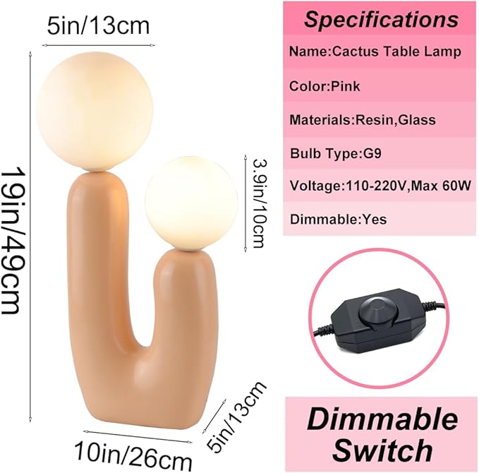 Nordic Pink Cactus Table Lamp - Creative Resin Aesthetic Milk White Globe Glass 2 Lights for Bedroom, Living Room, Children's Room, Home Decor