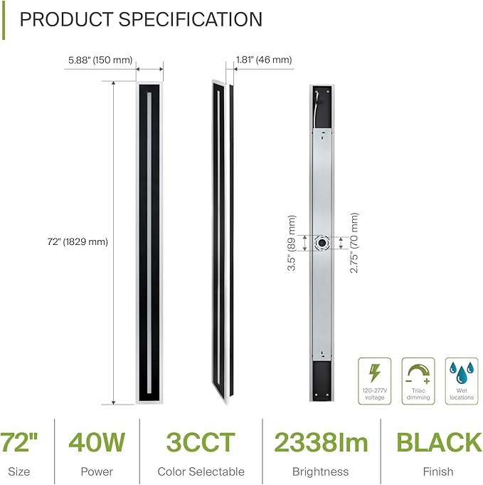 ASD LED 72" Long Wall Mount Light Fixture, Outdoor & Indoor Linear Sconce | 3CCT, Dimmable, Waterproof, Anti-Rust, ETL Listed | 40W 2330LM 3000-5000K 100-277V | Exterior Porch Lighting | Black