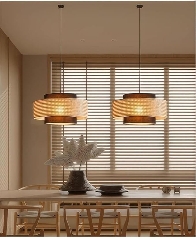 LIGHTLAND Rattan Farmhouse Pendant Light Fixture, Hand Woven Dining Room Pendant Light with Fabric Shade, Rustic Pendant Hanging Light Fixture for Kitchen Island, 16''