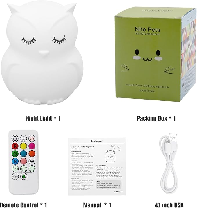 LED Night Light for Kids Cute Sleepy Owl Bedside Lamps - Convenient for Reading & Soothe Baby to Sleep Training Nursery Lights Up Toddler Bed Room Dimming & Timer &Rechargeable Decor Gifts for Women