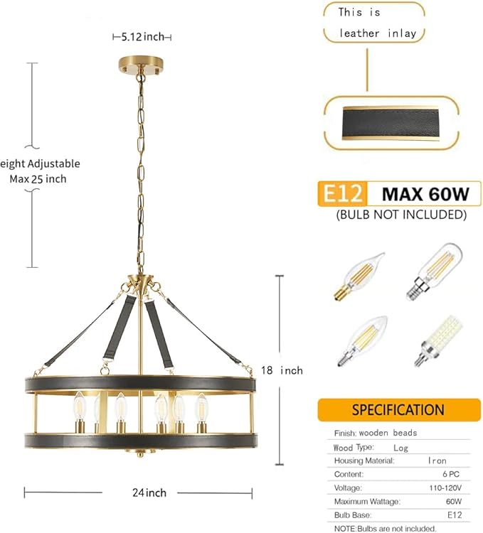 Farmhouse Ceiling Chandelier,24 Inch Antique Bronze Aluminum Black Leather Belt Trim Modern Rustic Hanging Pendant Ceiling Light Fixture for Living Room, Dining Room, Bedroom, Kitchen
