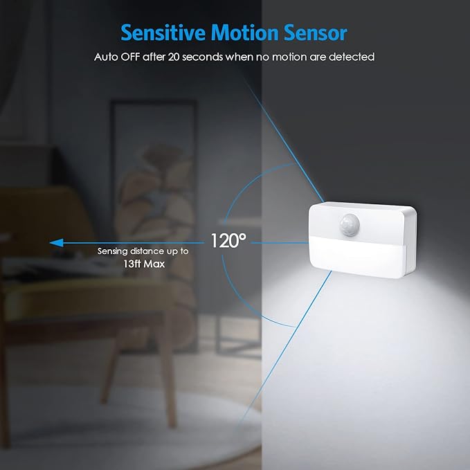 AMIR 2 Pack Mini Motion Sensor Stair Light for Indoor, Battery-Powered LED Night Light, 40 Lumen 6500K, Cordless Closet Lights, Safe Lights for Stairs, Hallway, Bathroom, Kitchen, Cabinet