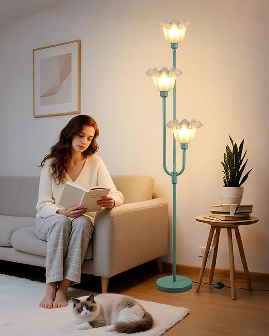 Lightdot Flower Floor Lamp 3-Lights Rustic Floor Lamps with 3000K Warm White Bulbs Included for Wedding Party Modern Tall Standing Lamp for Living Room/Bedroom/Sofa Beside/Corner Decor-Grey Green