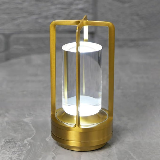 Cordless Table Lamp Rechargeable Portable Metal Touch Small Desk Lamp,Indoor/Outdoor Battery Operated LED Night Light,3Color Stepless Dimming Crystal Lantern Suitable bedrooms,Bars,cafes,Camping,Gold