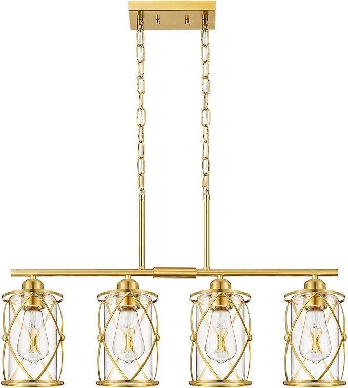 4-Light Kitchen Island Lighting, Modern Brushed Gold Dining Room Light Fixtures with Clear Glass, Farmhouse Industrial Linear Chandelier Pendant Light with Adjustable Chain, CH9176BG-4IS