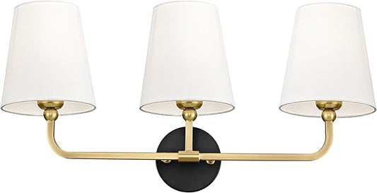 Bathroom Light Fixtures, Black and Gold Vanity Lights with Flared White Fabric Shade, 3-Light Wall Sconce, Modern Sconces Wall Lighting for Hallway Bedroom, VL837-KG-3