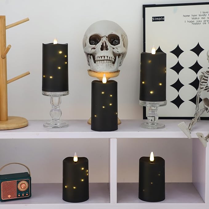 5 Packs Flameless Candles, Black Battery Operated Candles, Black LED Candles with Remote, Realistic Flickering Dancing Flame, Outdoor Waterproof for Halloween Party Outdoor Garden