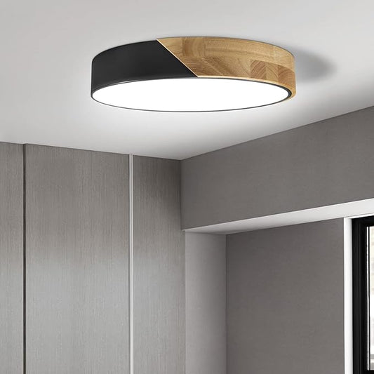 Led Ceiling Light Flush Mount: 12 Inch 24W Bedroom Light Fixture with Round Wood Modern Black Flat Overhead Minimalist Ceiling Lamps for Kitchen Hallway Laundry Cold White 6000K, Not Dimmable