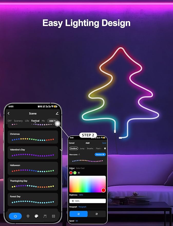 RGB+IC Neon Rope Lights, 16.4 ft Smart LED Rope Light with Music Sync, Works with Alexa, Google Assistant, Custom DIY Flexible Neon Strip Lights for Bedroom, Wall Decor (2.4G WiFi Only)