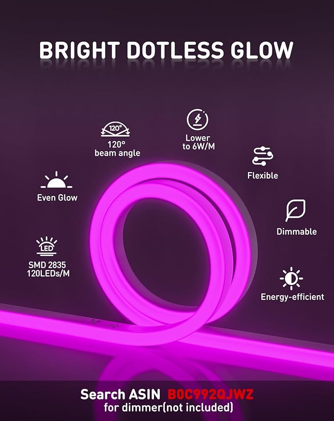 Shine Decor LED Rope Lights AC 120V, Connectable & Cuttable Dotless 120LEDs/M Eco Neon Strip Lighting, ETL IP65 Waterproof & Weather-Resistant for Home Commercial, 8x16mm, Purple, 16.4FT
