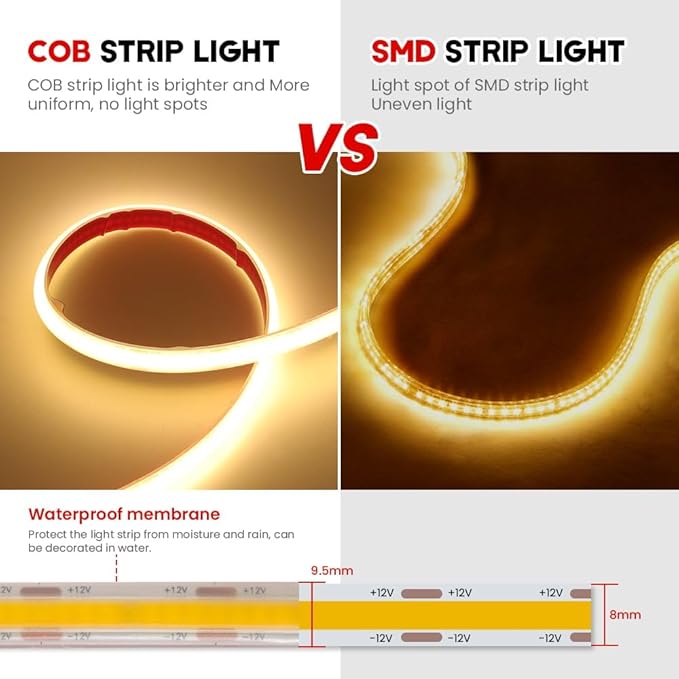 KISUFU 12V COB LED Strip Lights 320 LEDs/M IP68 Waterproof Super Bright DC Flexible LED Tape Lights with Power Adapter for for DIY Bedroom Kitchen Home Decor