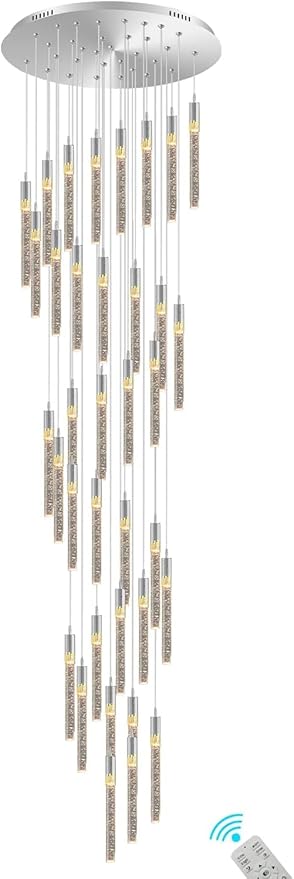 Flashing God H150 High Ceiling Chandelier 36-Lights Chrome Chandeliers for Entryway Crystal Drop Light Large Long Staircase Chandelier Light Fixture for Foyer Hallway Living Room