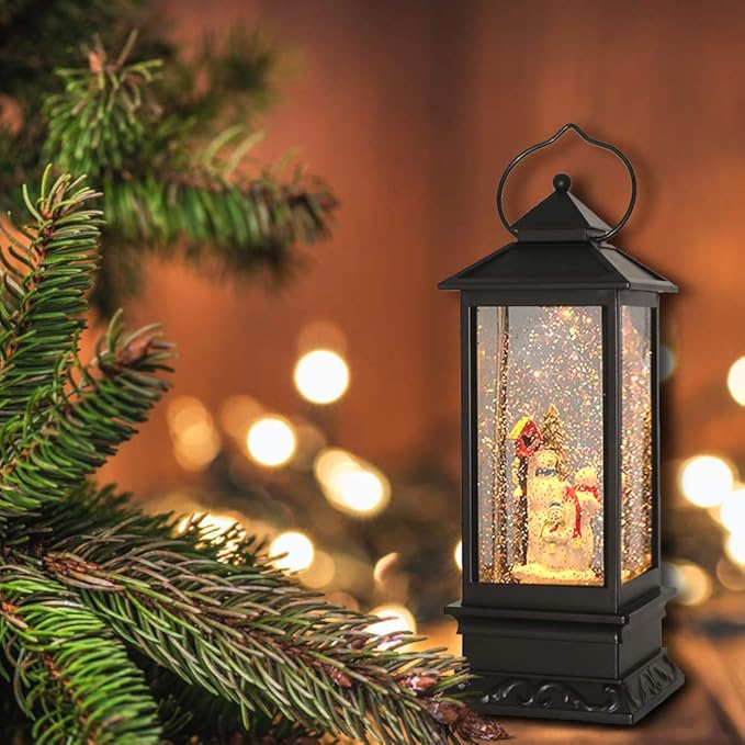 DRomance Snowman Music Snow Globe Lantern with Timer Battery Operated & USB Powered Lighted Singing Snow Globe Lamp Spinning Water Swirling Glitters Christmas Decor 4" x 4" x 12"