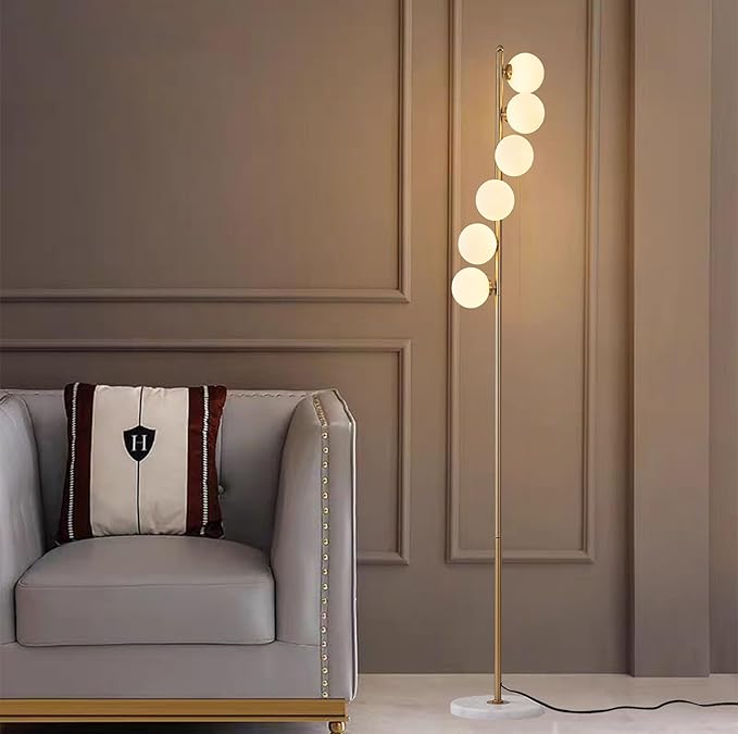 NKU Mid Century Gold Retro Floor Lamp - White Glass Lampshade with Foot Switch, 3 Color Temperatures, 6 Globe Standing Tall Lamp for Living Room, Bedroom & Office